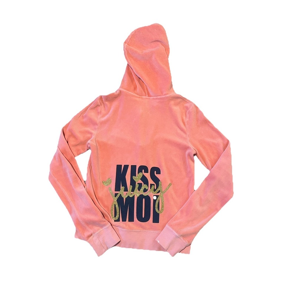 Juicy Couture Velour Track Jacket Sz M Vintage Pink Kiss Moi Graphic Hoodie Y2K